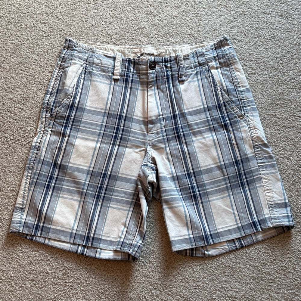 American Eagle Plaid Blue and White Chino Shorts